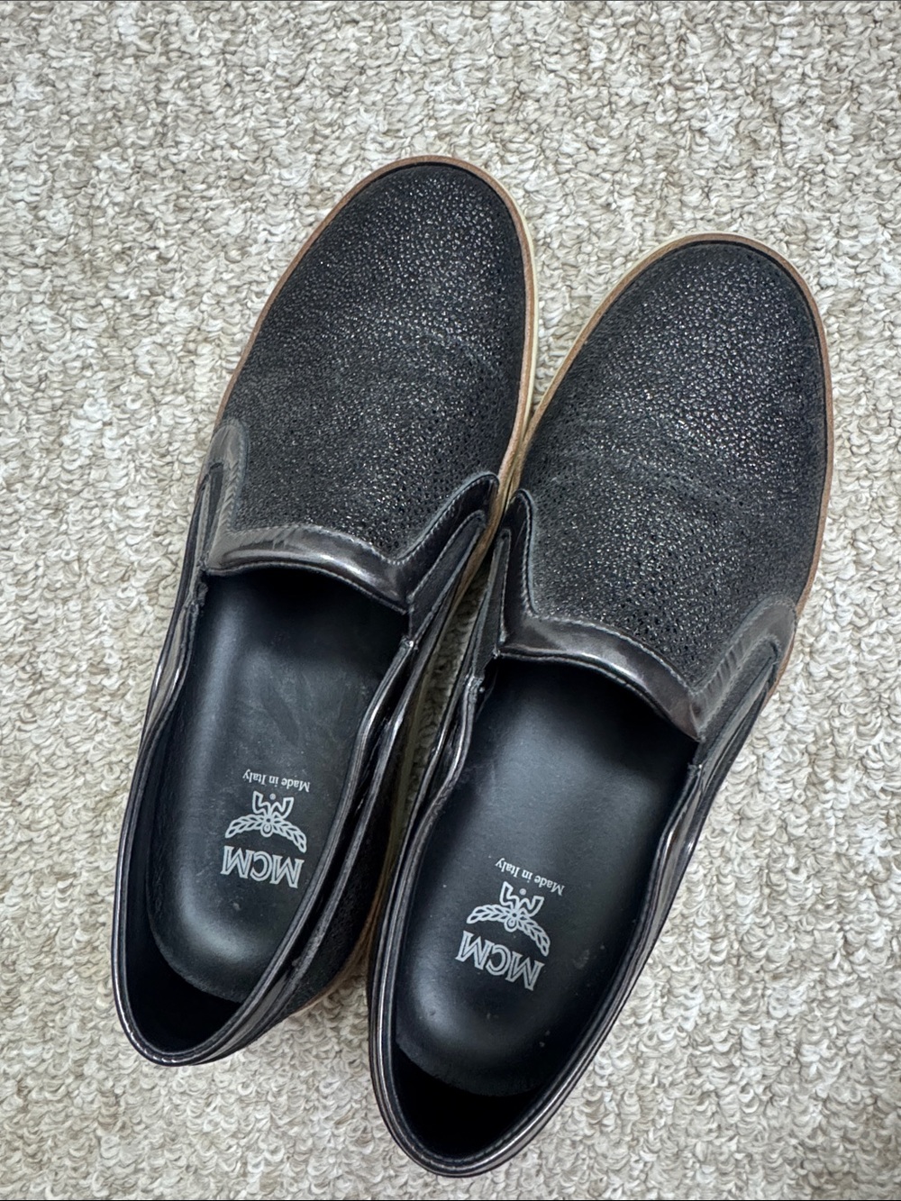 MCM Black Men's Slip-On Loafers with Textured Upper